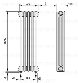 Схема (чертеж) Радиатор Zehnder Charleston 3280/5 №3570 Белый глянцевый RAL 9016